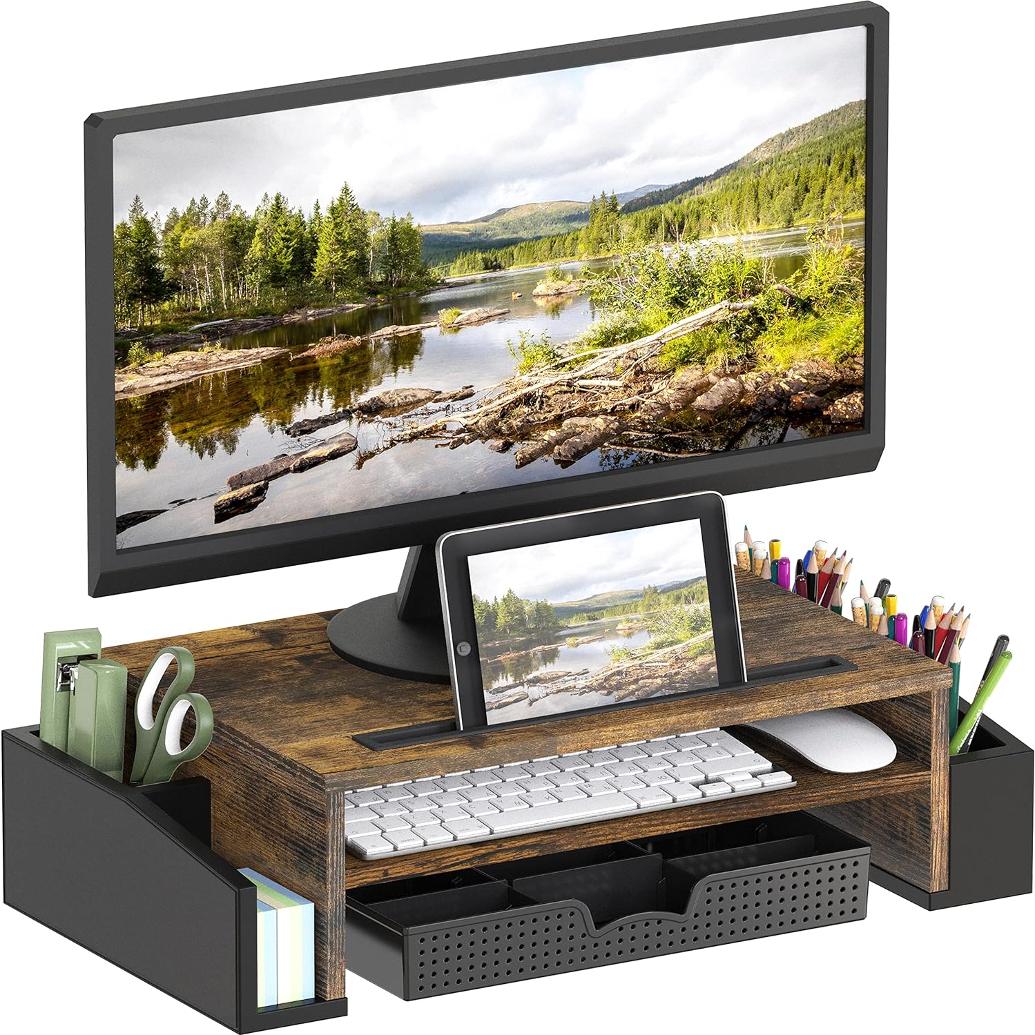 SimpleHouseware Desk Monitor Stand Riser with Adjustable Organizer Tray - Image 1